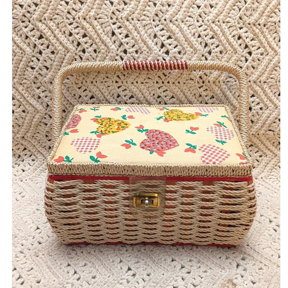 Vintage Wicker Sewing Basket Fun Retro Heart Print Padded Lid Craft Storage